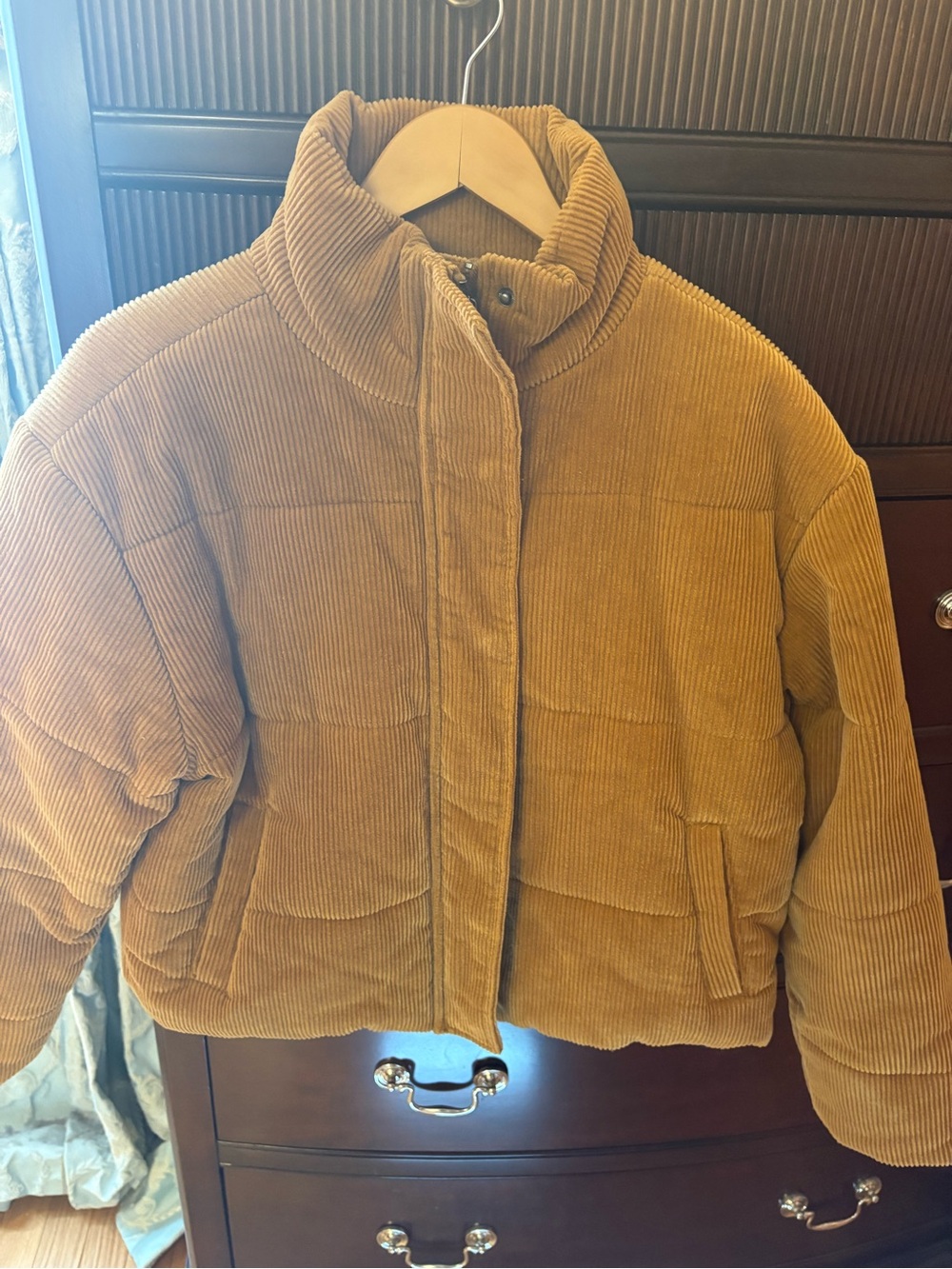 Cotton Corduroy Puffer Jacket in Camel, Cropped Length, size medium - Picture 2 of 11